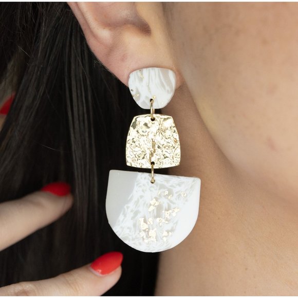 White + Gold Clay Earrings, Lightweight Earrings, Handmade Polymer Clay Earrings - Picture 1 of 5